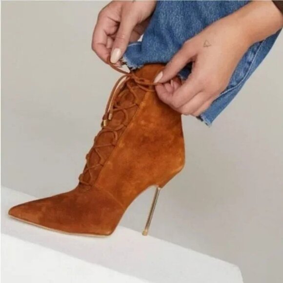NIB $275 GOOD AMERICAN SCANDAL TOBACCO BROWN SUEDE STILETTO BOOTS SIZE 8 - Picture 2 of 10